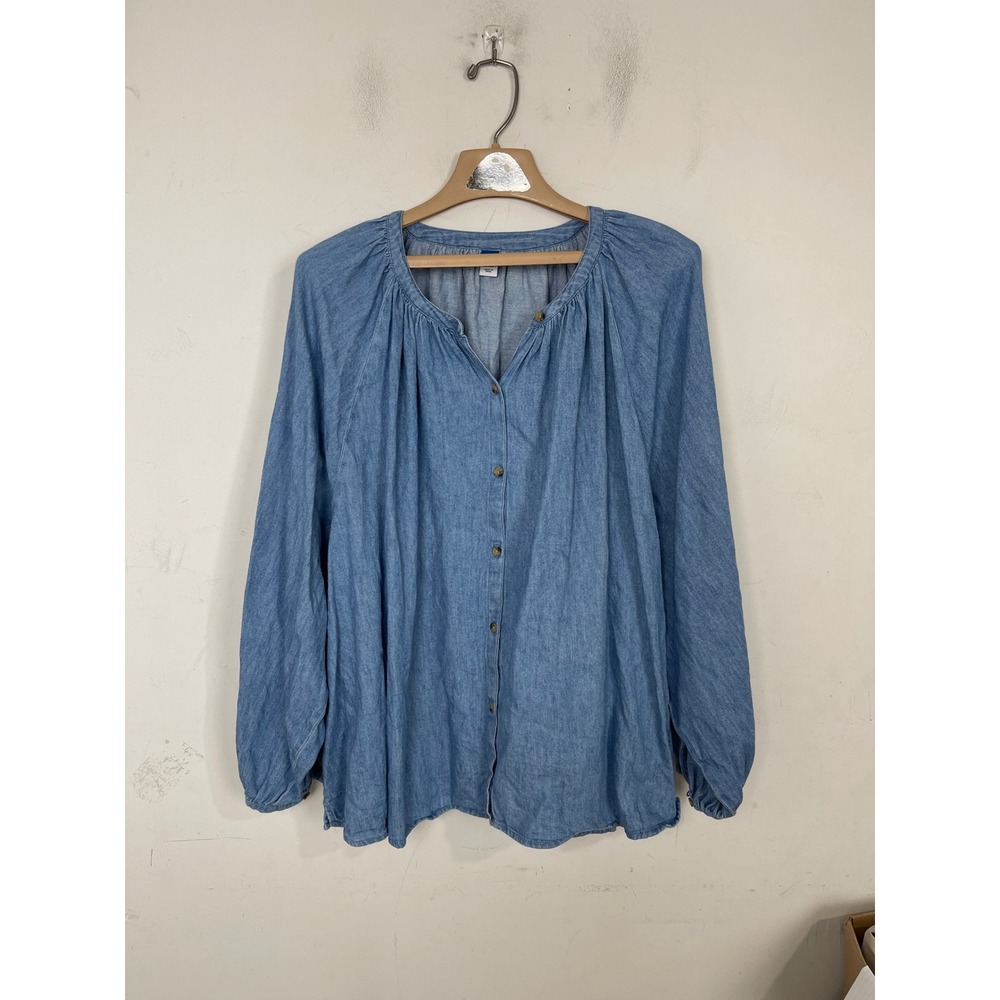 Old Navy Womens 2X Blue Denim Button‎ Down Blouse Long Sleeve Light Wash Cotton